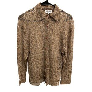 San André Vintage Lace Sheer Brown Blouse Button-Up Long Sleeve Womens Sz Small